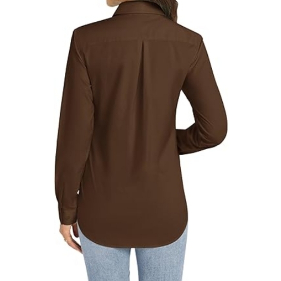 Button Down Long Sleeve Stretch Solid Work Shirt Coffee - Picture 2 of 6